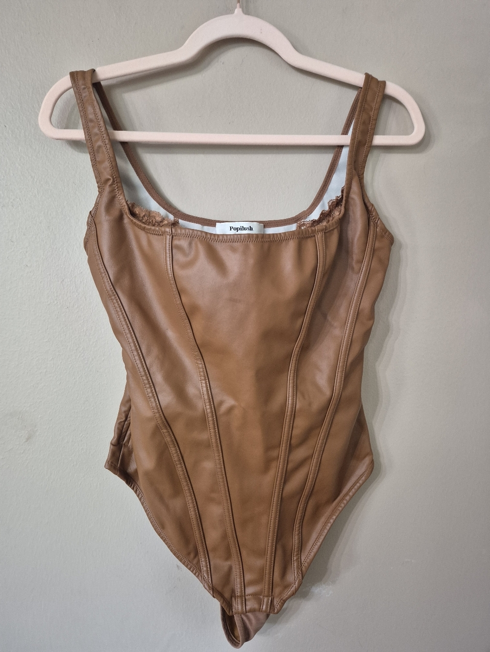 Popilush Vegan Leather & Lace Busrier Bodysuit